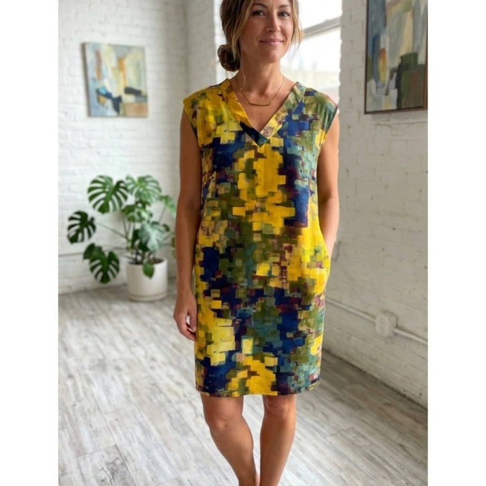 Maeve Anthropologie Silk Abstract Geometric Print Shift Dress Yellow Green Sz 2